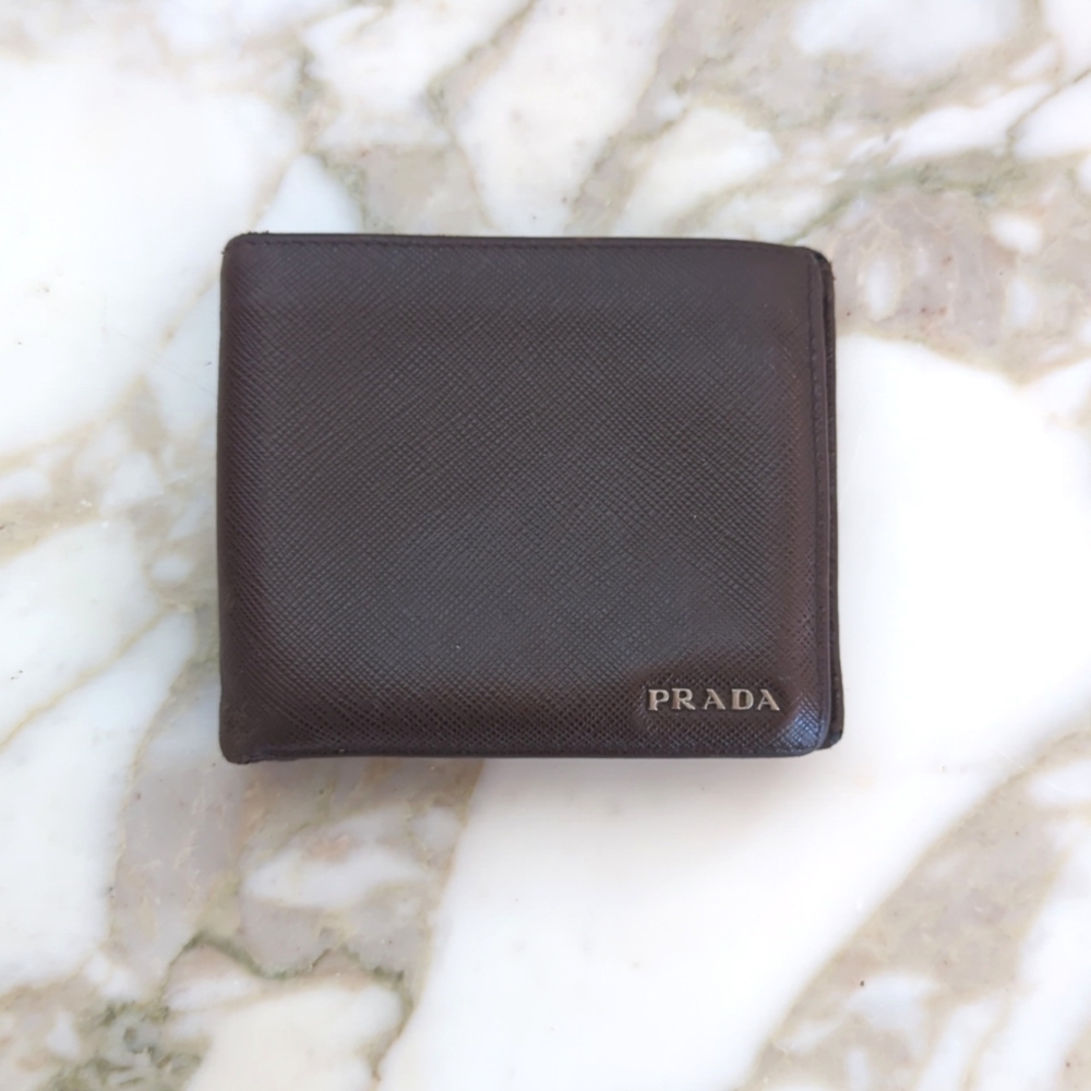 Dark Brown Prada Saffiano Leather Bi Fold Wallet
